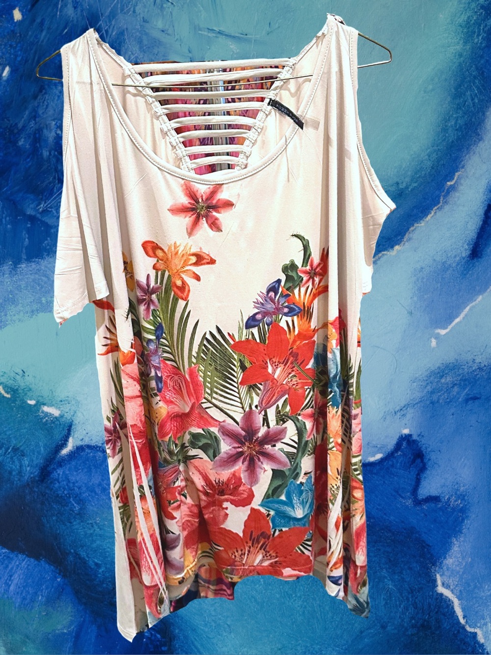 Yummy Plus Women’s plus-size Cream Stretchy Floral Cold-shoulder Top💜💜2X